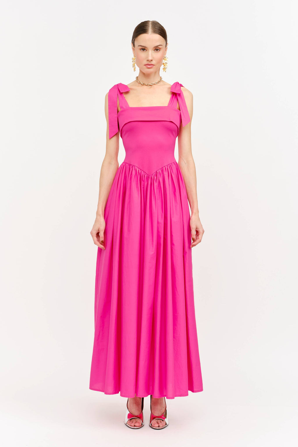 Clara Shoulder Tie Dress in Hot Pink