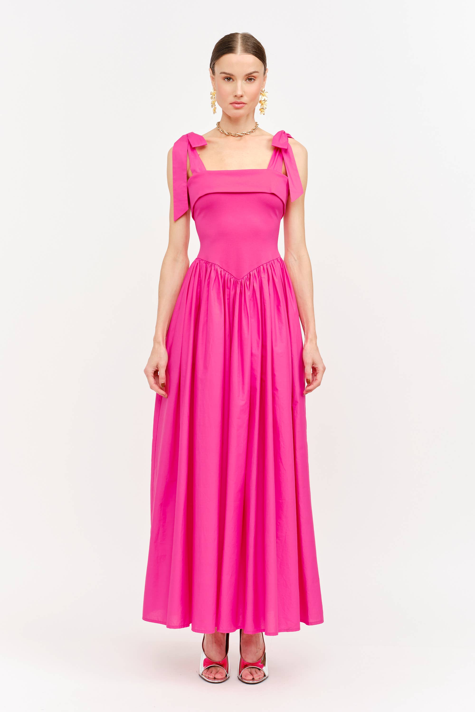 Clara Shoulder Tie Dress in Hot Pink