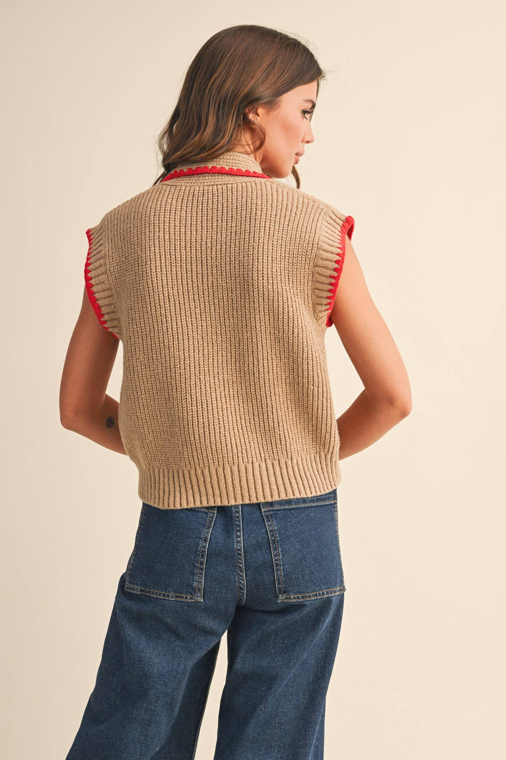 Charlie Knit Top in Tan and Red with Neck Tie