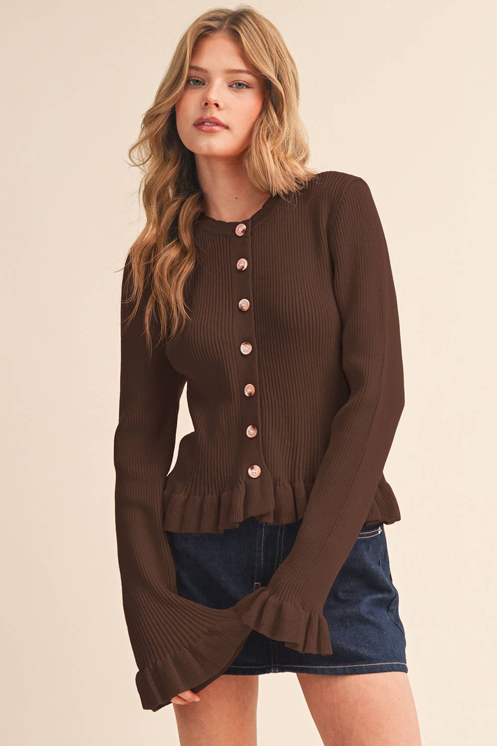 Hannah Ruffle Hem Cardigan Sweater in Chocolate