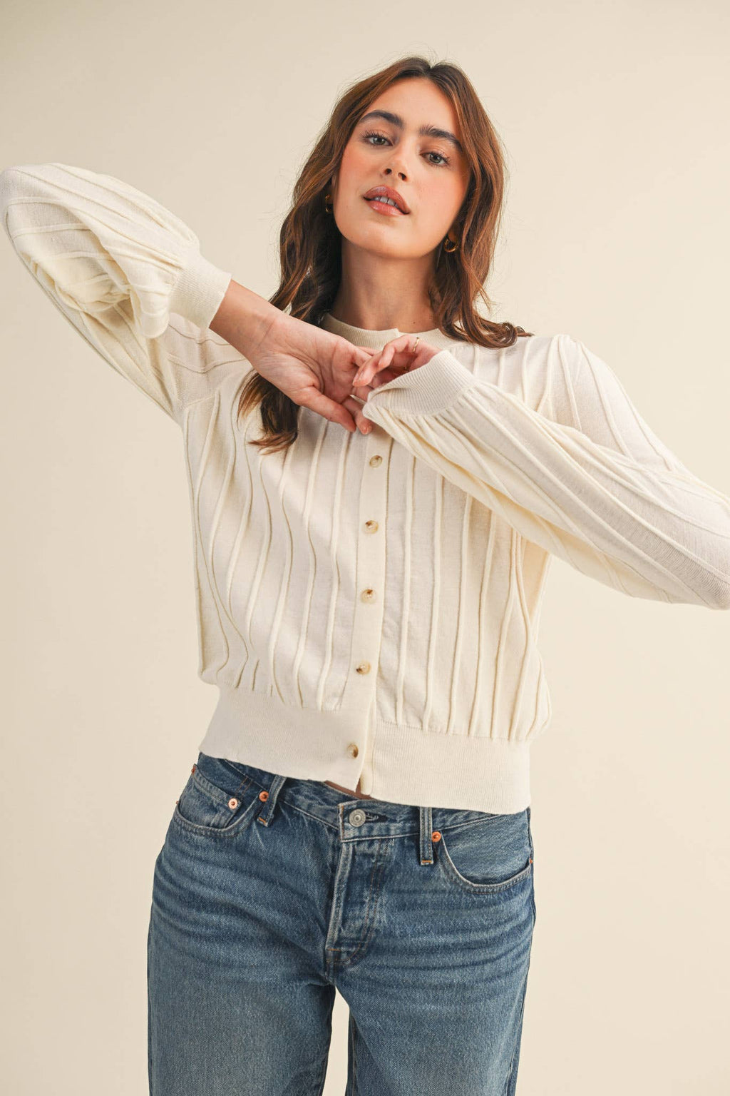 Rowan Ribbed Sweater Cardigan in Ivory