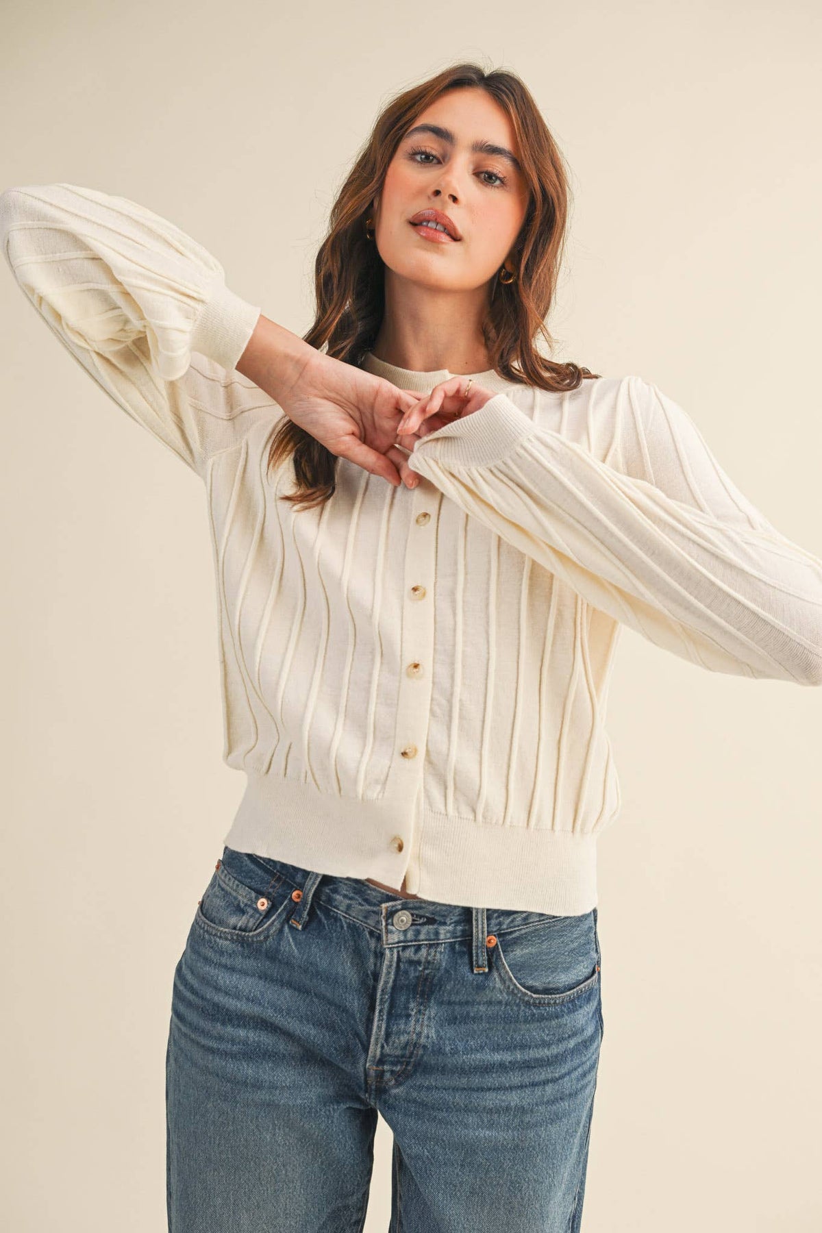 Rowan Ribbed Sweater Cardigan in Ivory