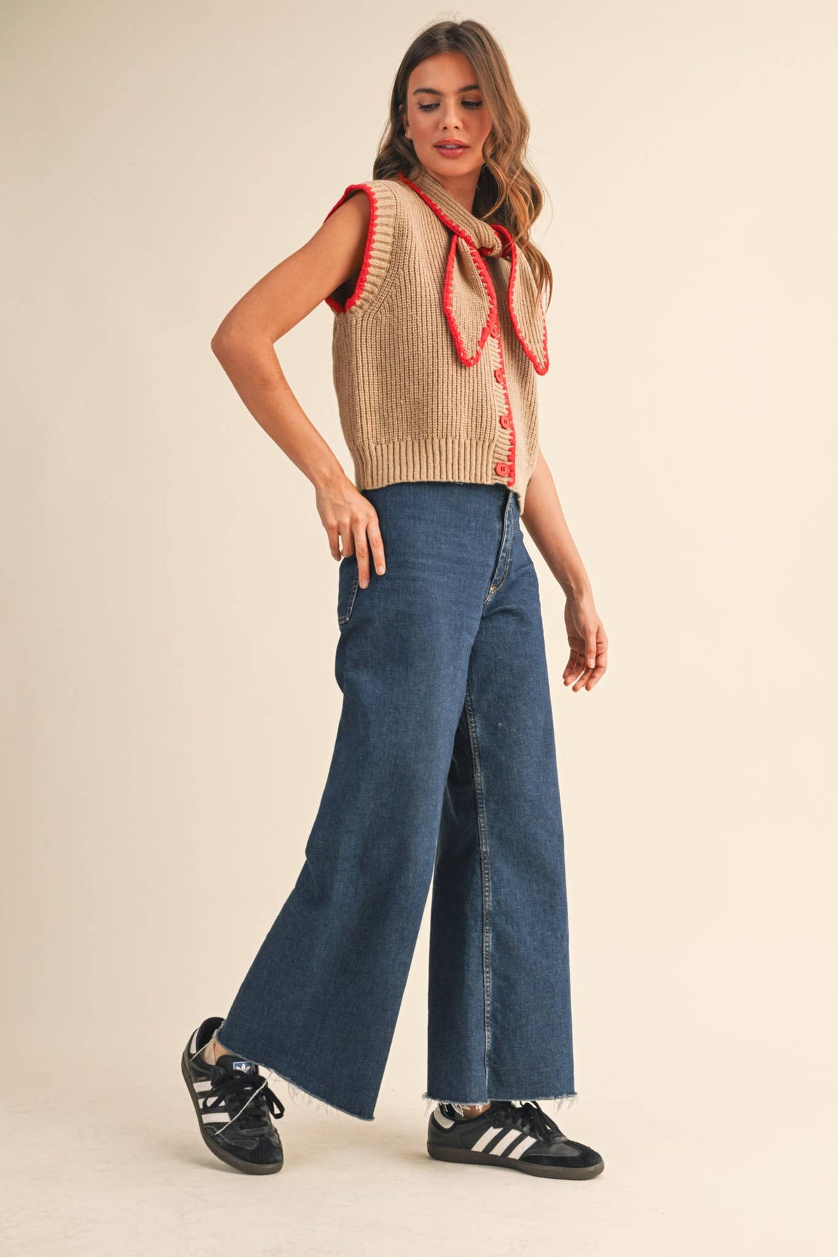 Charlie Knit Top in Tan and Red with Neck Tie