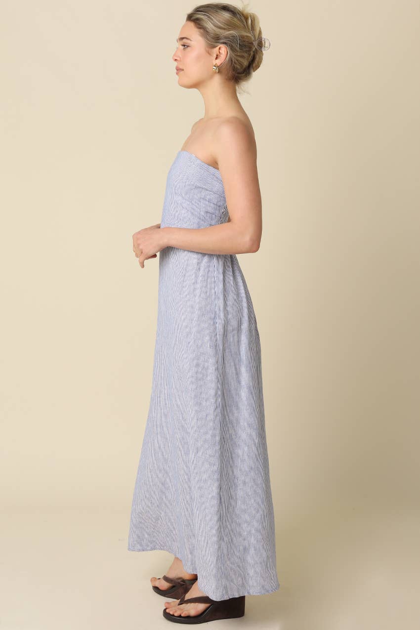 Samantha Strapless Linen Dress in Blue Stripe