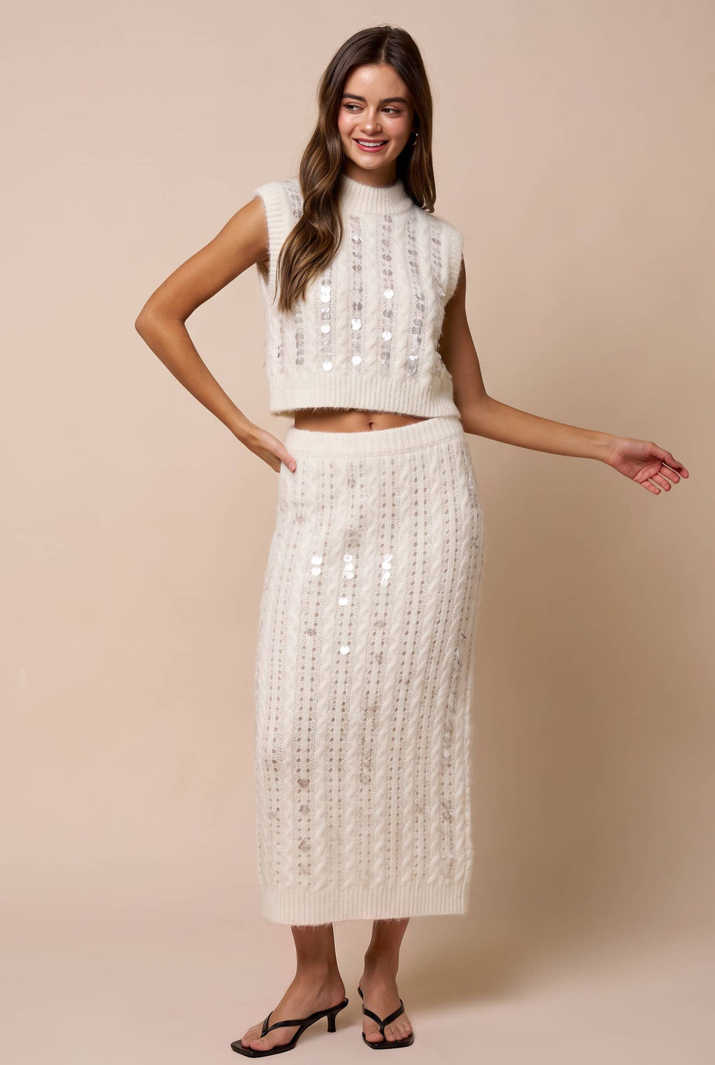 Ellie Sequin Mock Neck Sleeveless Sweater Top in Off White