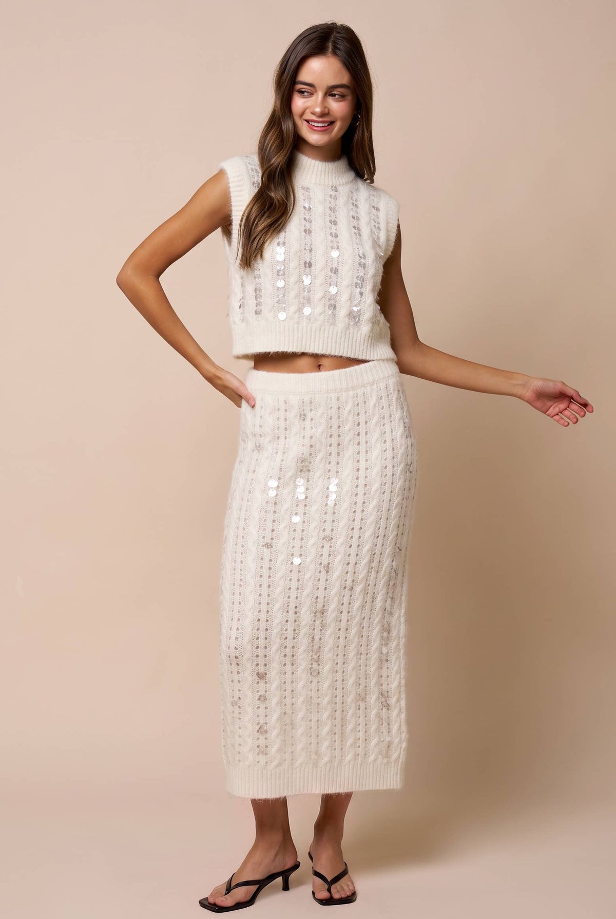 Ellie Sequin Mock Neck Sleeveless Sweater Top in Off White
