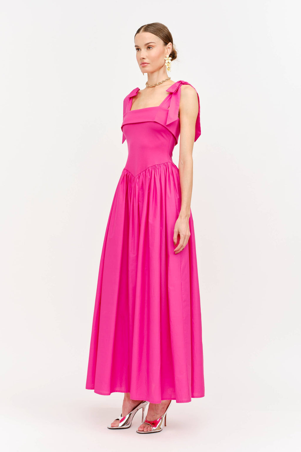 Clara Shoulder Tie Dress in Hot Pink