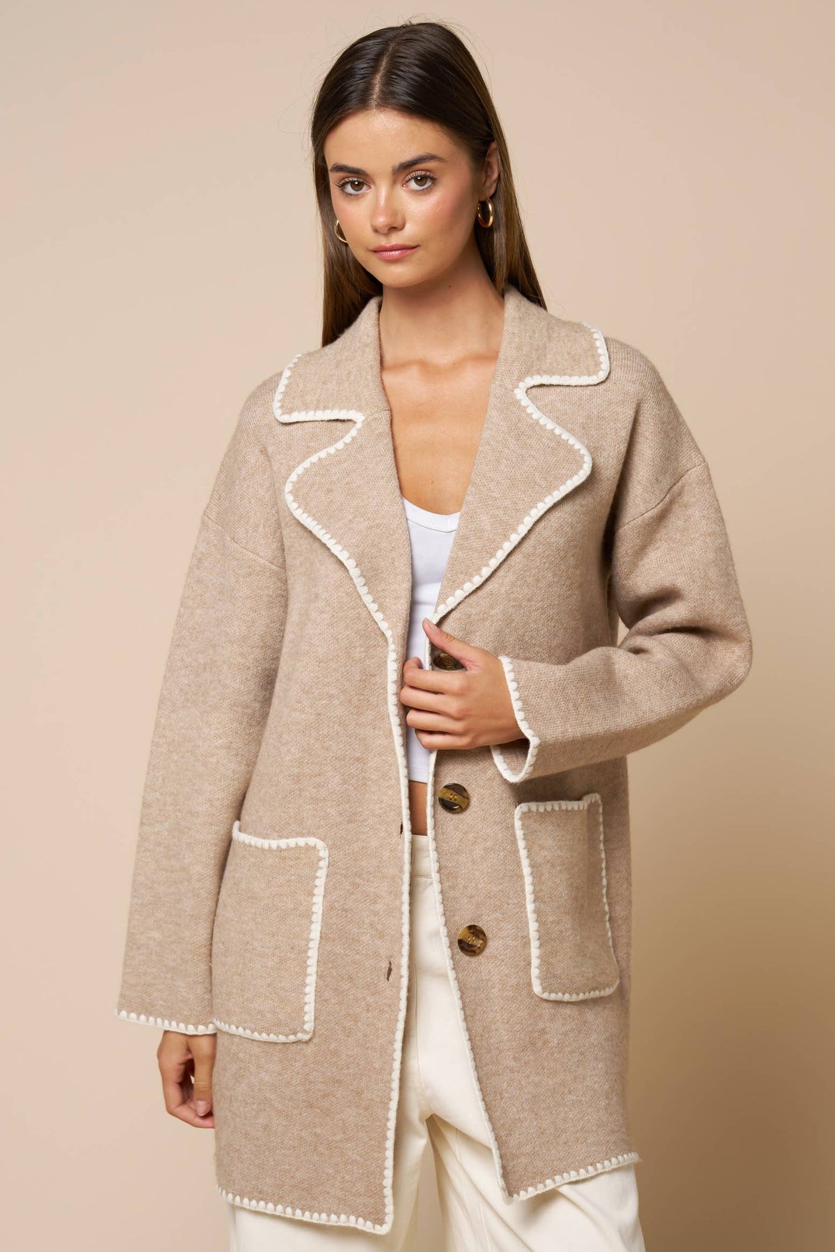 Catherine Button Front Coat in Sand with White Contrast Trim