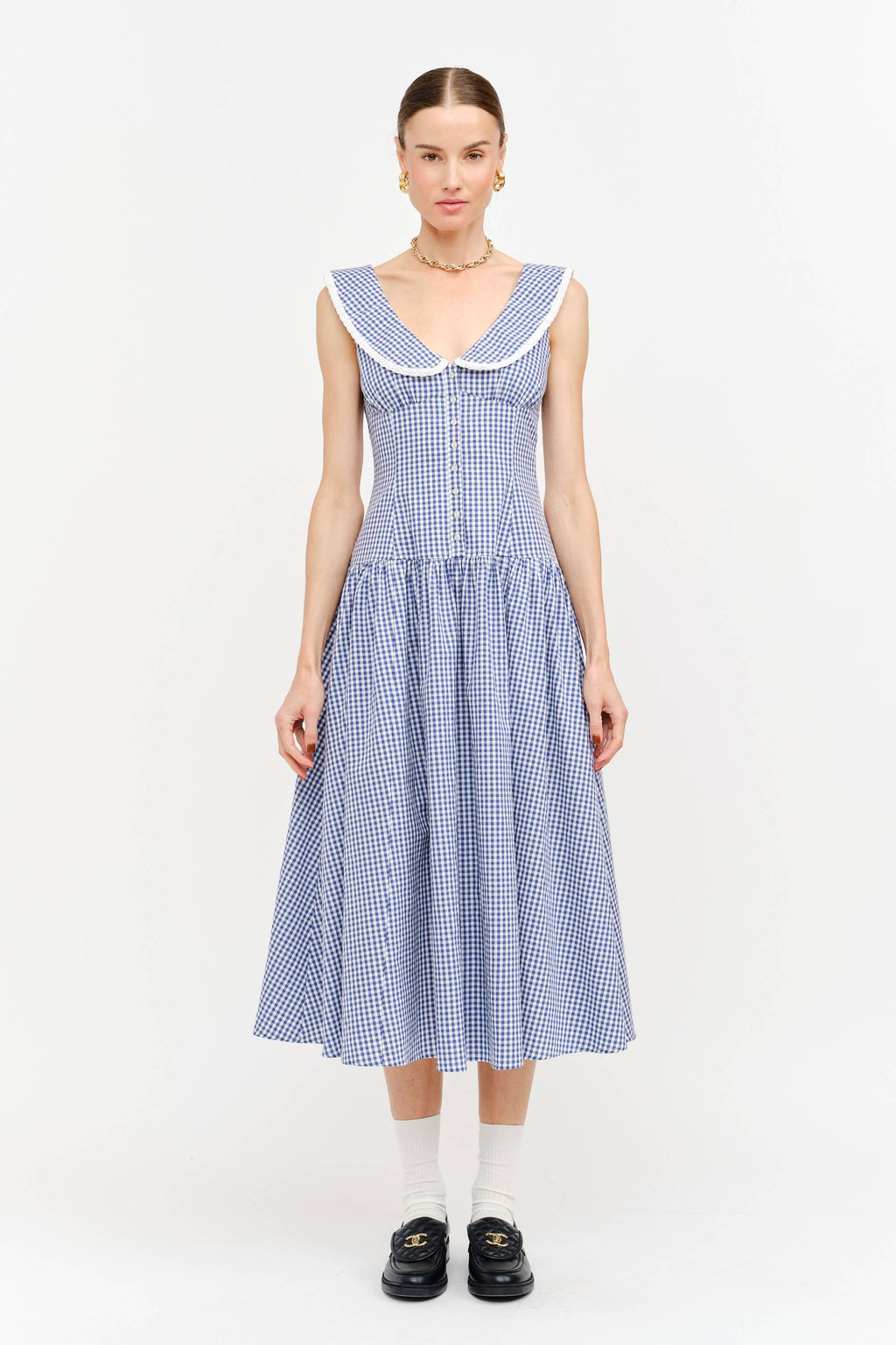 Camie Collared Midi Dress in Blue Gingham