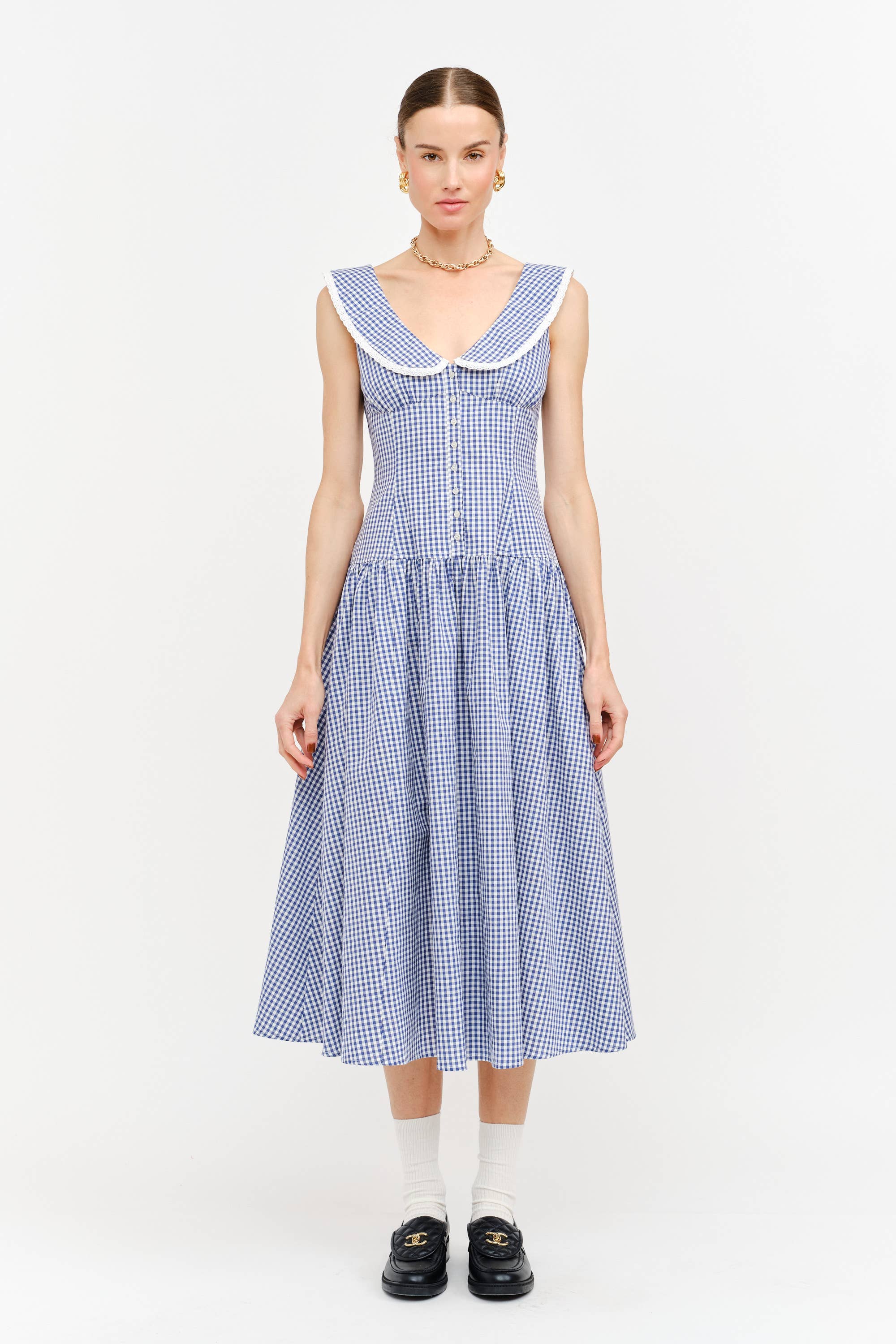 Camie Collared Midi Dress in Blue Gingham