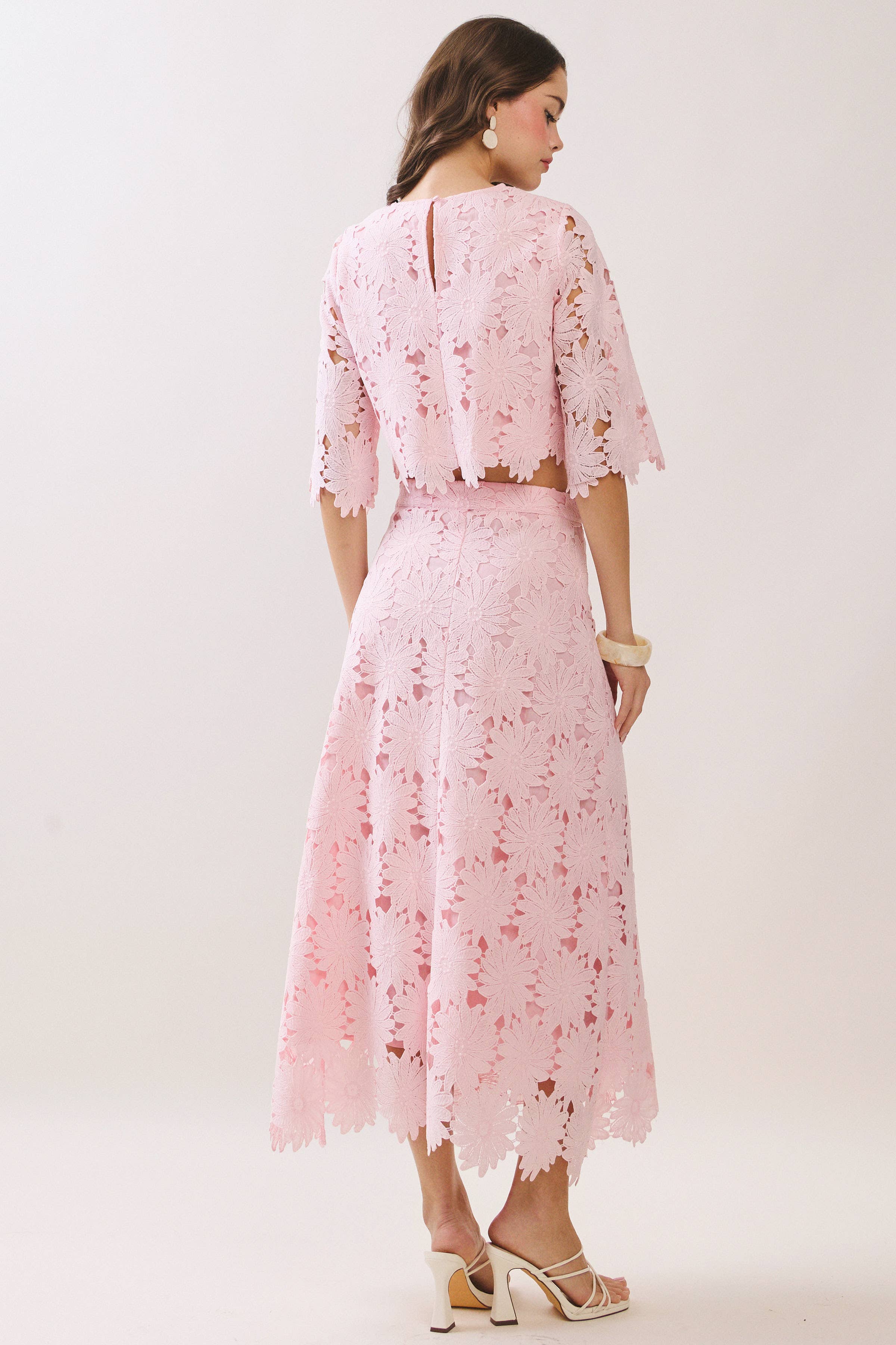 Gracie Floral Lace Scalloped Hem Midi Skirt in Light Pink