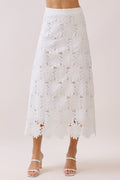 Gracie Floral Lace Scalloped Hem Midi Skirt in White