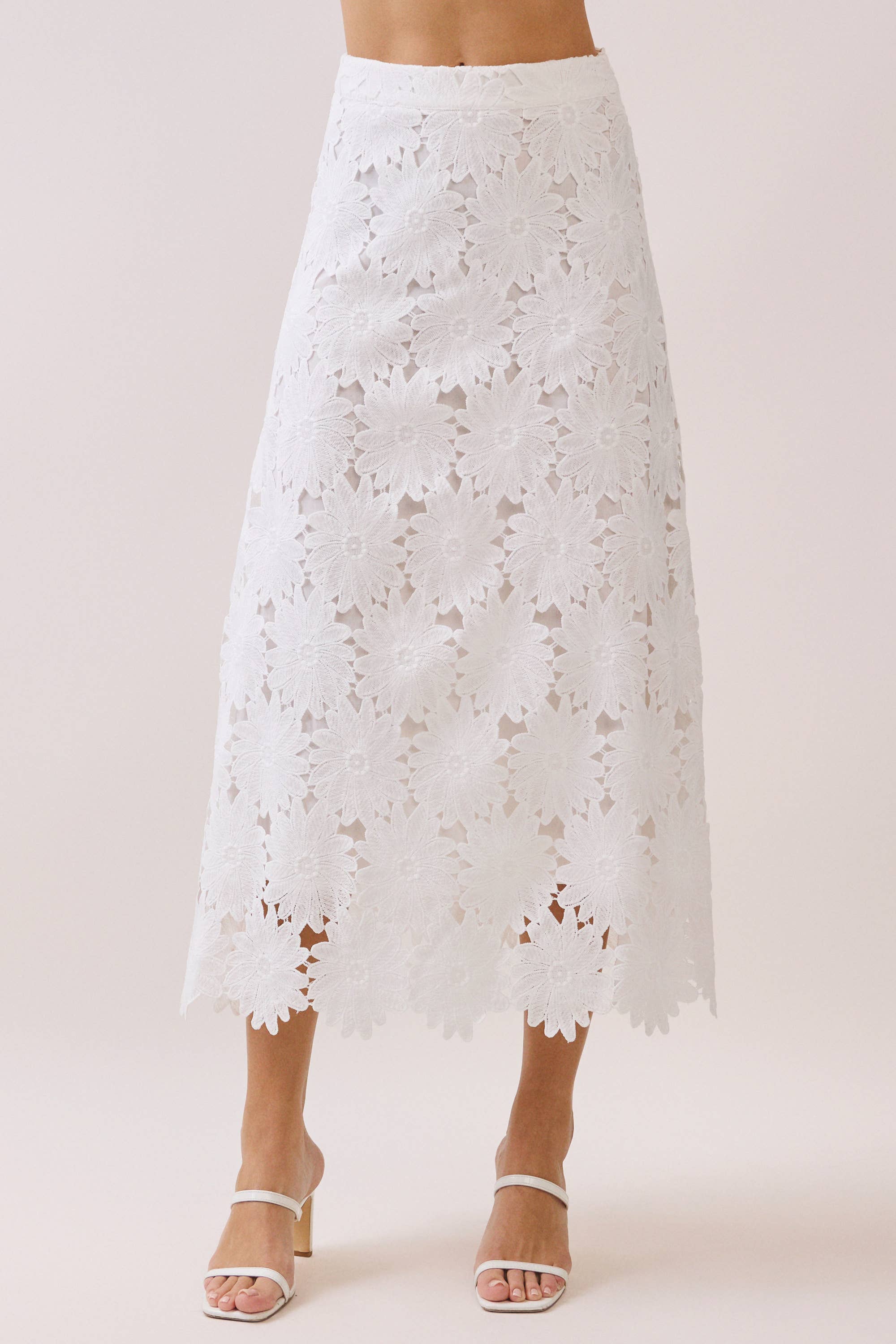 Gracie Floral Lace Scalloped Hem Midi Skirt in White