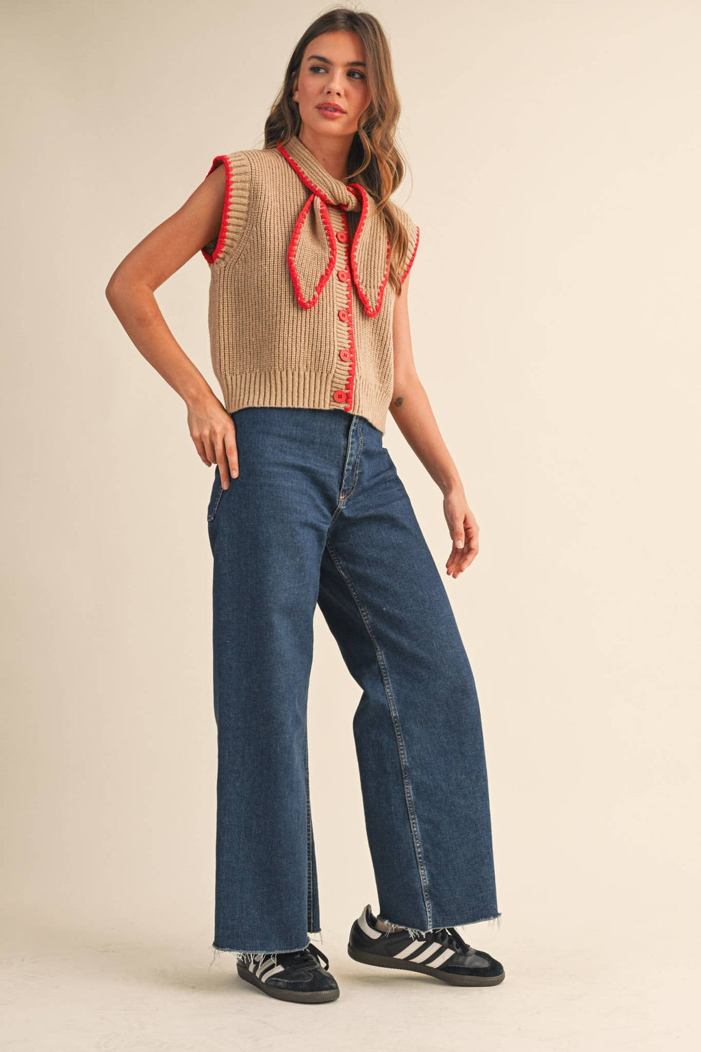 Charlie Knit Top in Tan and Red with Neck Tie