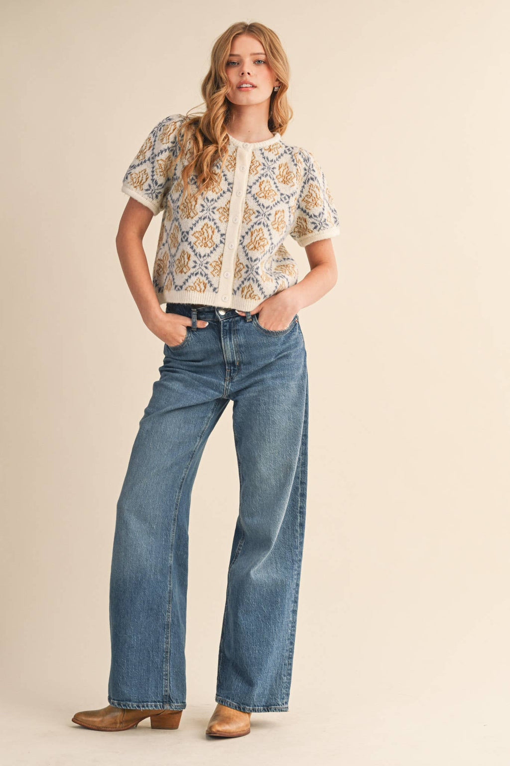 Kiki Floral Short Sleeve Cardigan Sweater in Ivory & Blue