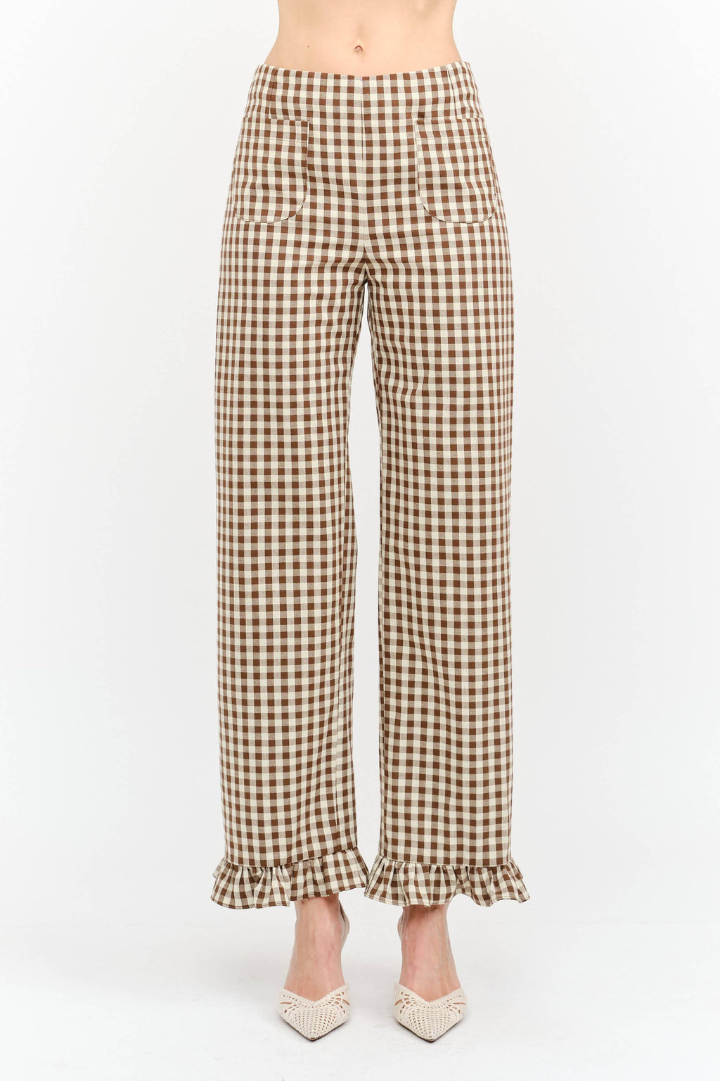 Gracie Gingham Pant with Ruffle Hem in Brown