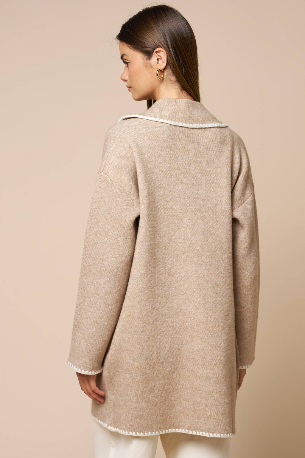 Catherine Button Front Coat in Sand with White Contrast Trim