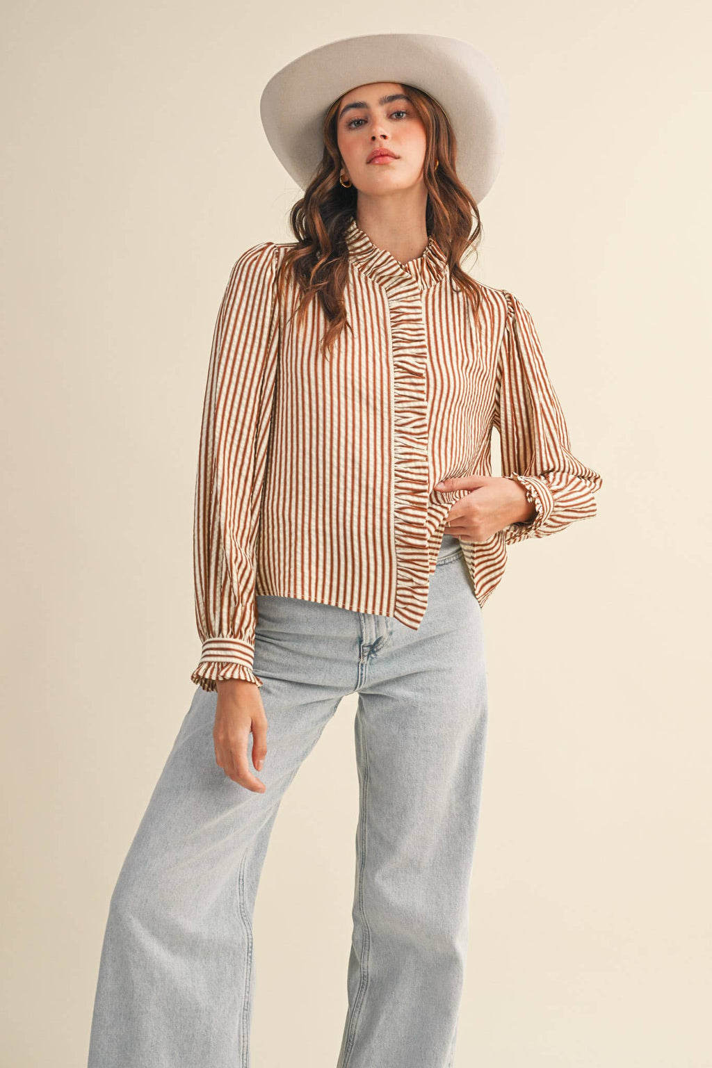 Clara Striped Button Down Top in Pecan Brown
