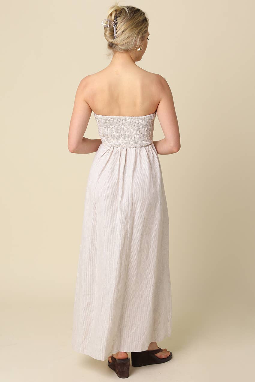 Samantha Strapless Linen Dress in Sand Stripe