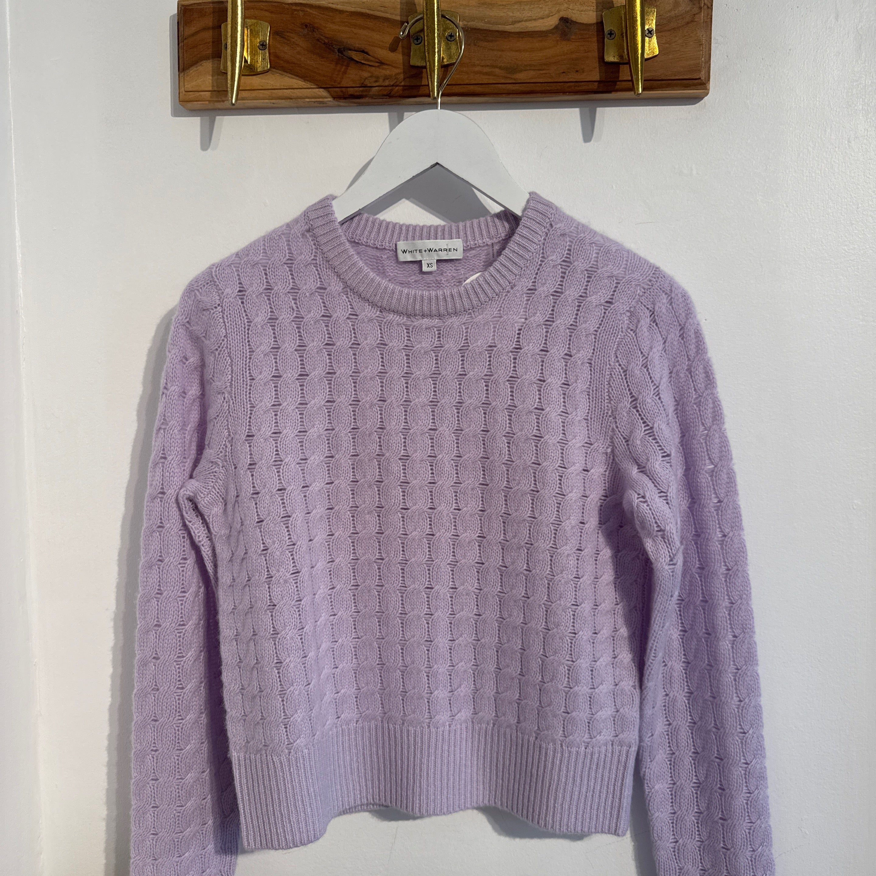 White + Warren Cashmere Cable Shrunken Crew in Lilac Shadow
