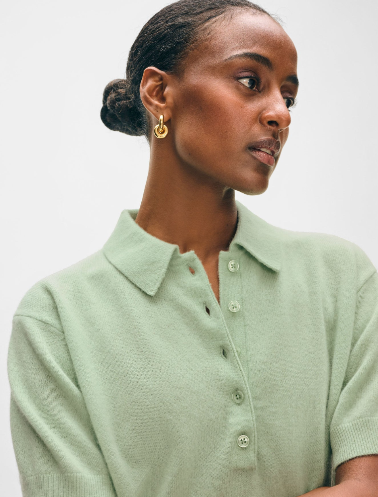 White + Warren Cashmere Short Sleeve Button Polo in Cool Sage