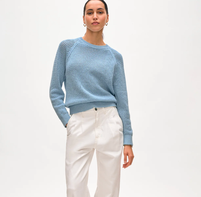 White + Warren Fine Cotton BouclÃ© Mesh Sweatshirt in Blue Marl
