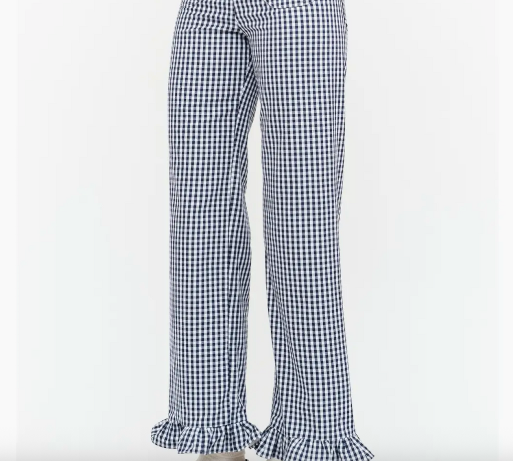 Gracie Gingham Pant with Ruffle Hem in Navy