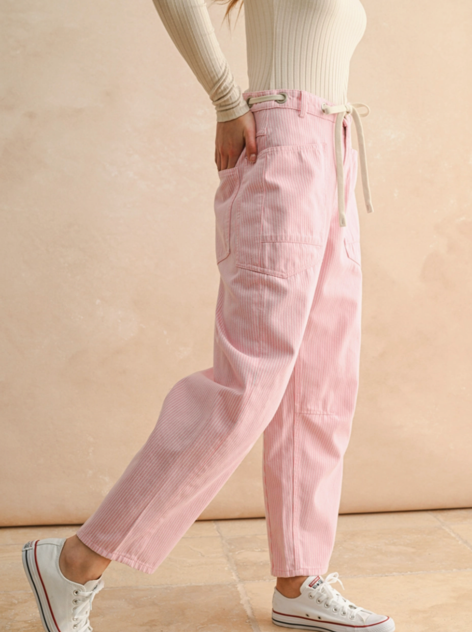 Vera Striped Barrel Pants in Light Pink