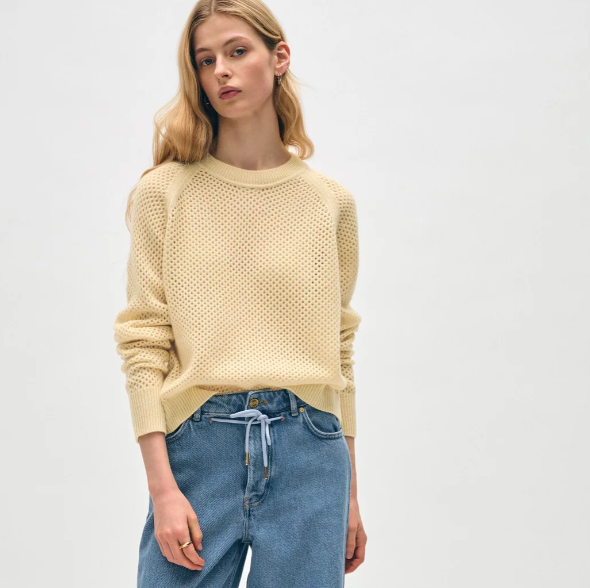 White + Warren Cashmere Mesh Sweatshirt in Pale Yellow