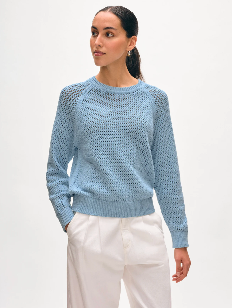 White + Warren Fine Cotton BouclÃ© Mesh Sweatshirt in Blue Marl