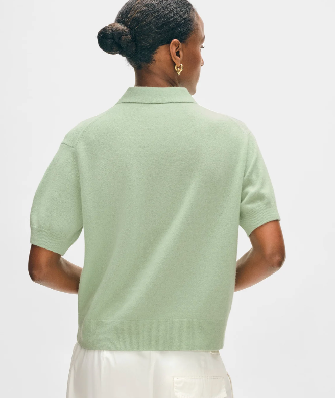 White + Warren Cashmere Short Sleeve Button Polo in Cool Sage