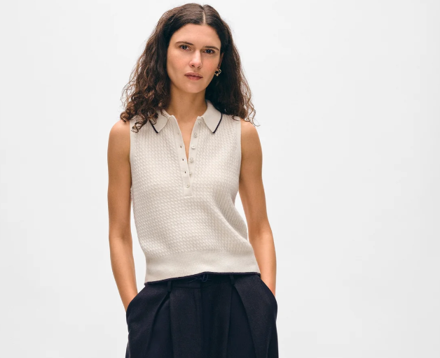 White + Warren Cashmere Cable Sleeveless Polo in Soft White & Deep Navy