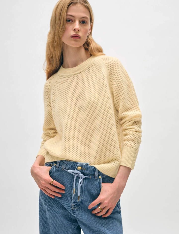 White + Warren Cashmere Mesh Sweatshirt in Pale Yellow
