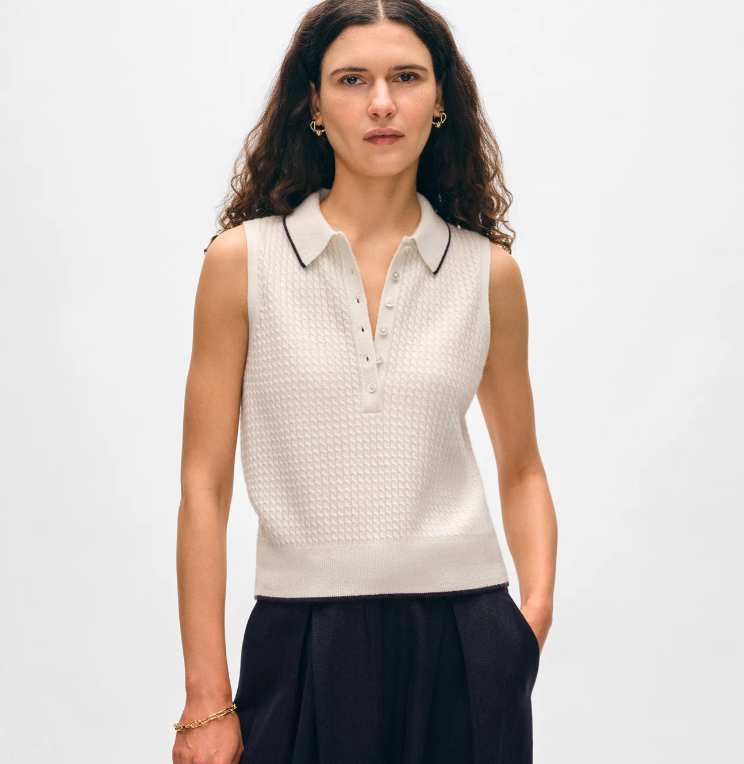 White + Warren Cashmere Cable Sleeveless Polo in Soft White & Deep Navy