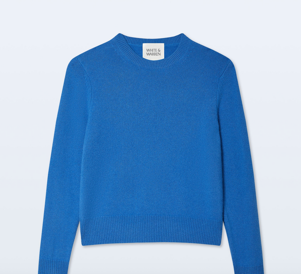 White & Warren Cashmere Rib Trim Crewneck in Blue Iris