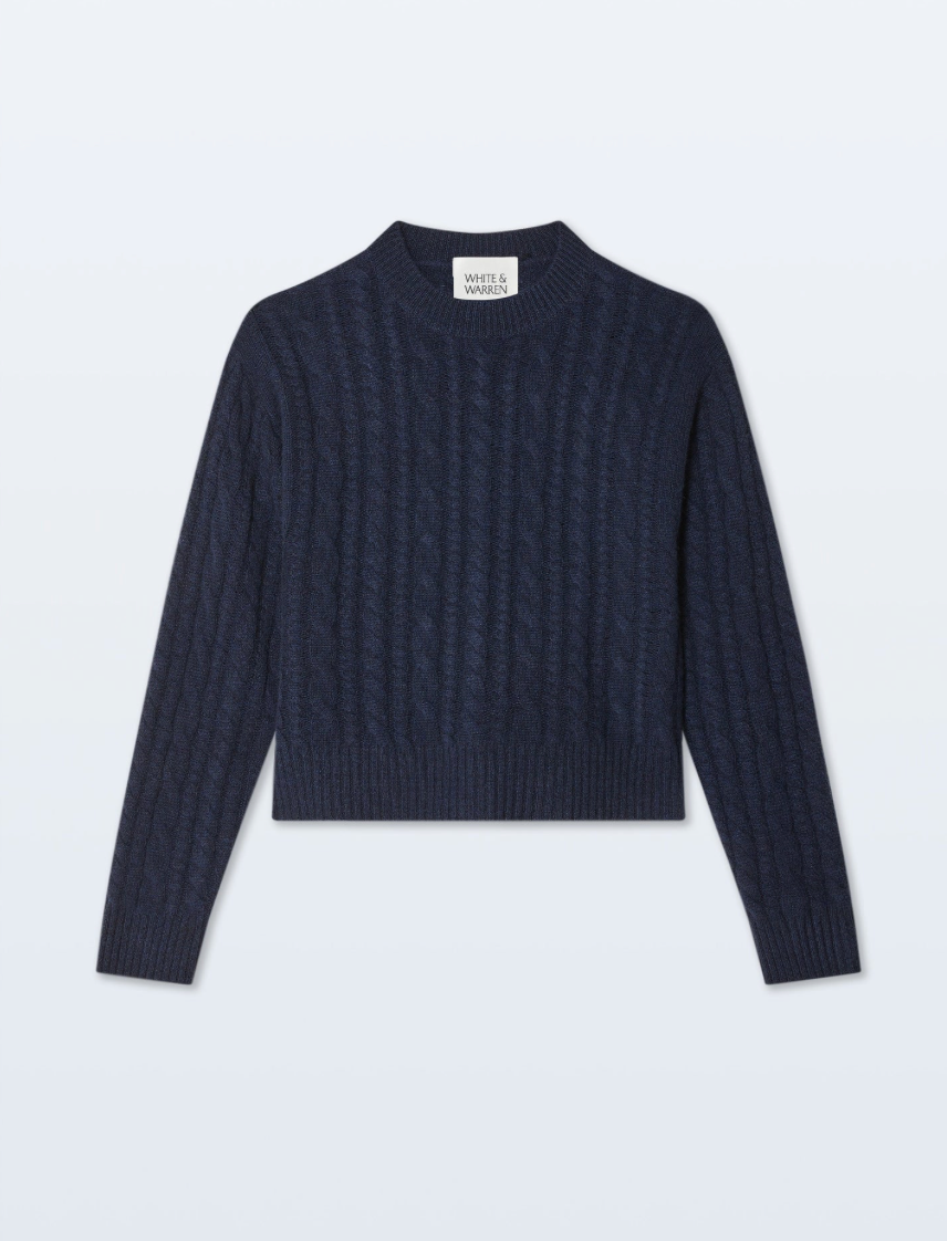 White + Warren Cashmere Cable Shrunken Crew in Navy Blue