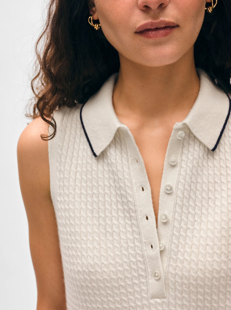 White + Warren Cashmere Cable Sleeveless Polo in Soft White & Deep Navy