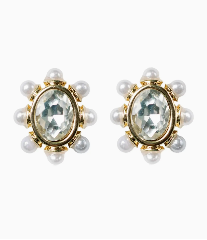 Crystal and Pearl Oval Stud Earrings