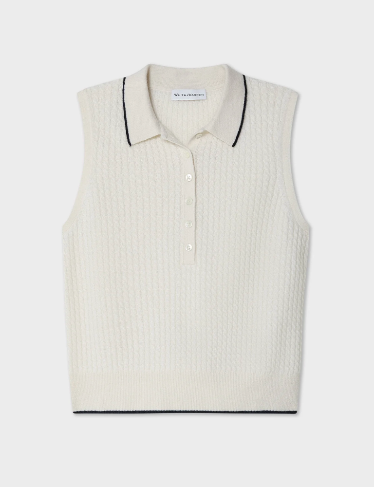 White + Warren Cashmere Cable Sleeveless Polo in Soft White & Deep Navy