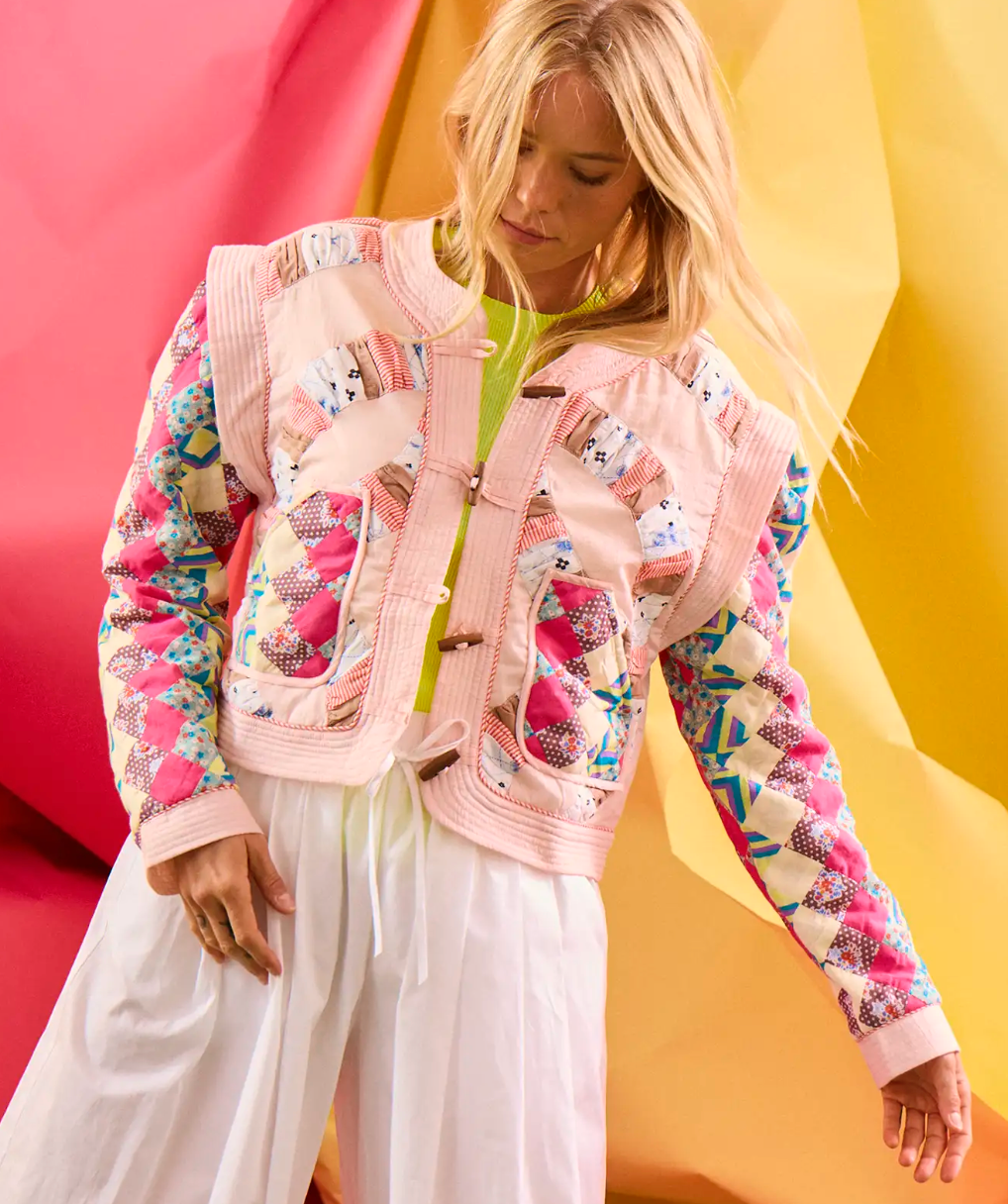 Hunter Bell Atlas Jacket in Pink Quilted Patchwork Jacket