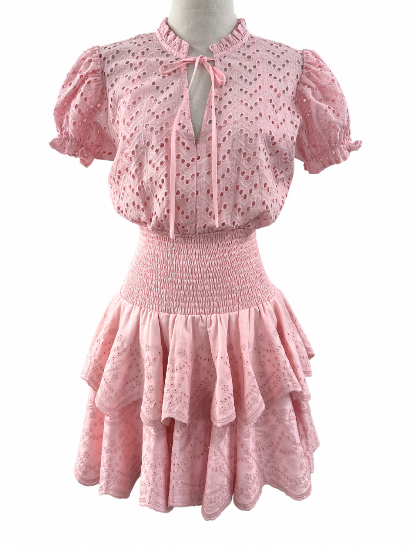 Reset Eyelet Smocked Mini Dress in Light Pink