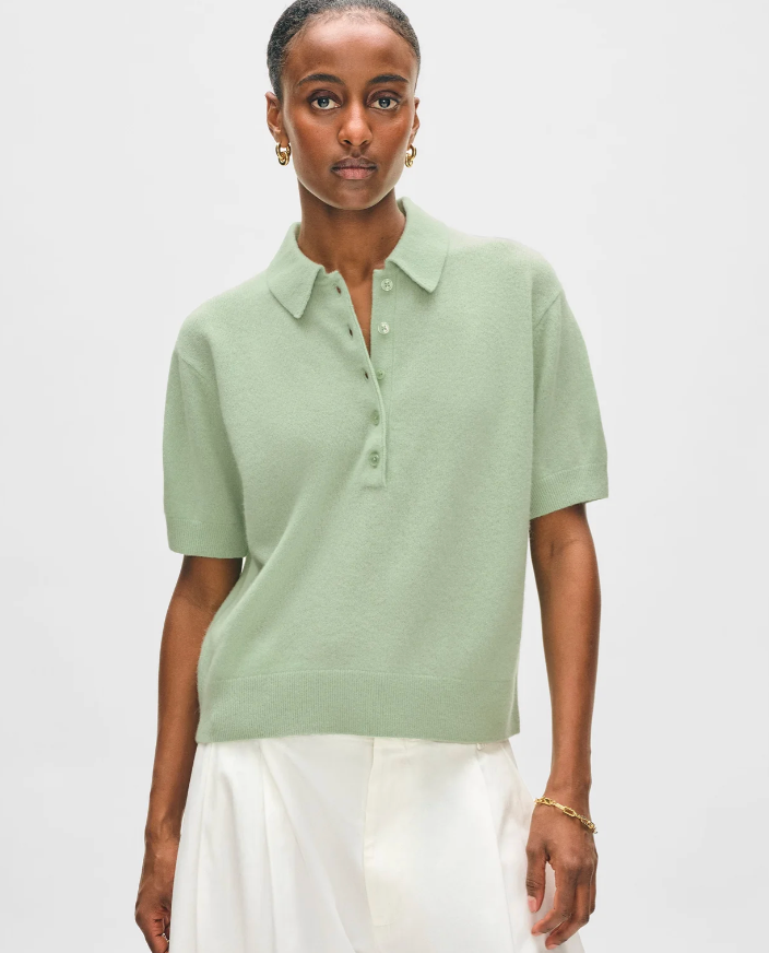 White + Warren Cashmere Short Sleeve Button Polo in Cool Sage