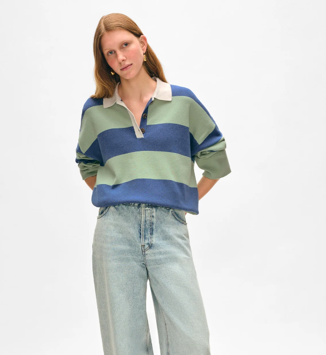 White + Warren Cotton Blend Rugby Polo in Cool Sage & Indigo
