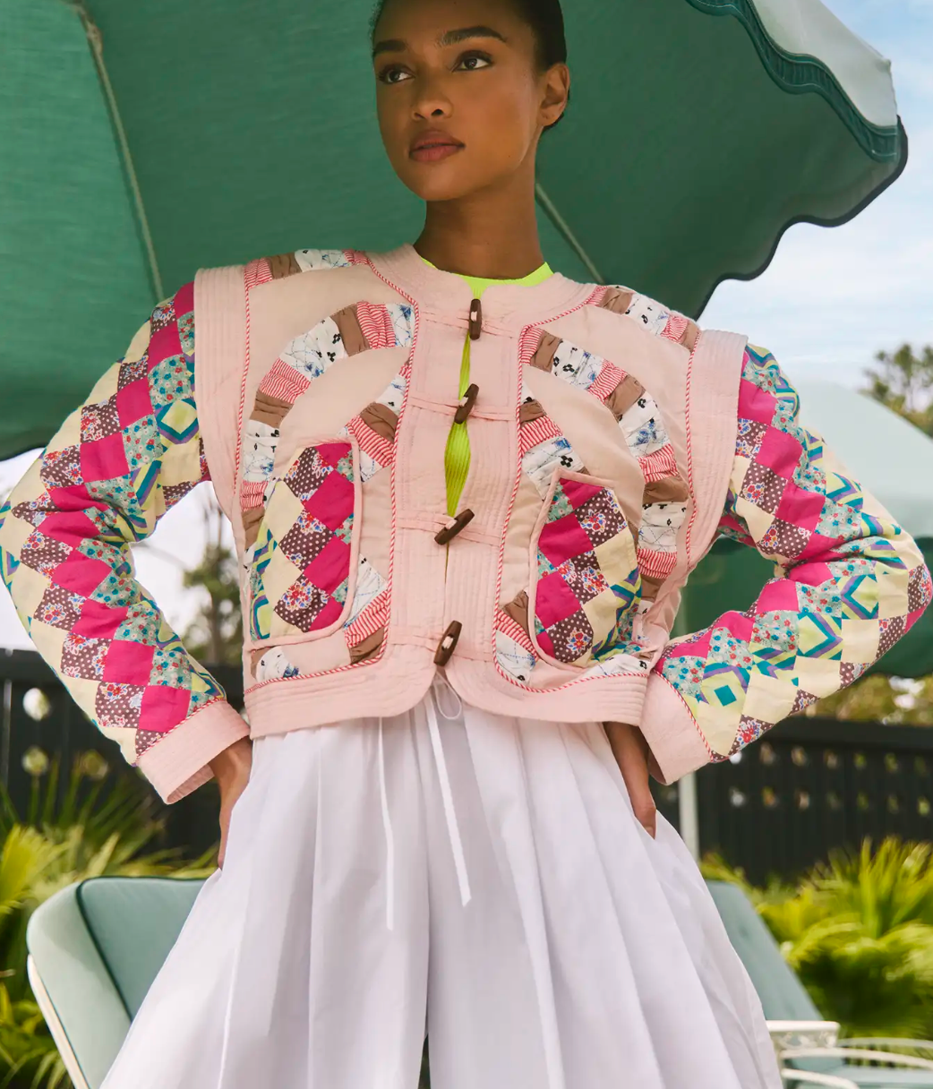 Hunter Bell Atlas Jacket in Pink Quilted Patchwork Jacket