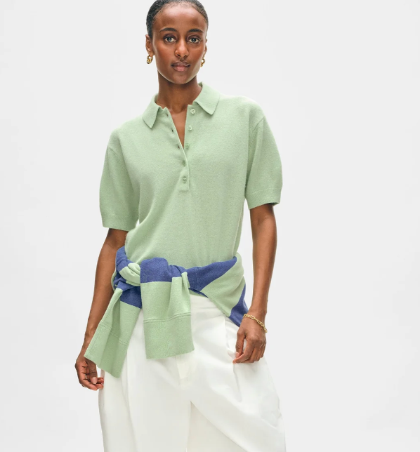 White + Warren Cashmere Short Sleeve Button Polo in Cool Sage