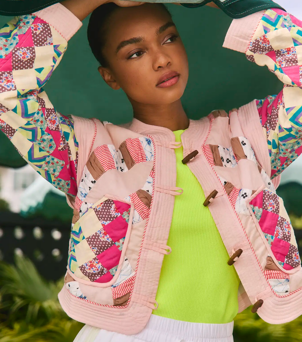 Hunter Bell Atlas Jacket in Pink Quilted Patchwork Jacket