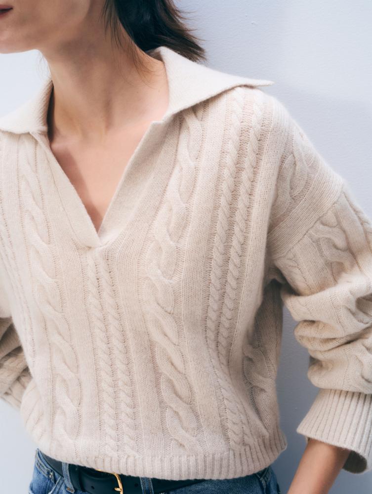 CASHMERE CABLE LONGSLEEVE POLO