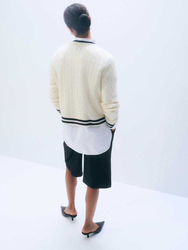 CASHMERE VARSITY CABLE CREWNECK