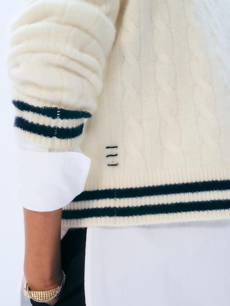 CASHMERE VARSITY CABLE CREWNECK